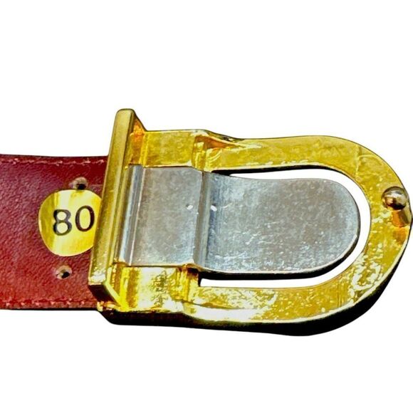 1970’s YSL Yves Saint Laurent burgundy leather belt gold silver buckle 32/80 - Picture 3 of 7